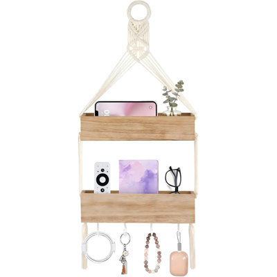 Étagère suspendue en macramé avec crochets, idéale comme tablette de chevet bohème. Décoration murale bohème avec de jolies étagères flottantes en bois, parfaites pour une chambre de fille, un dortoir ou une chambre d'enfant. Rangement mural pour téléphone, télécommande et accessoires.