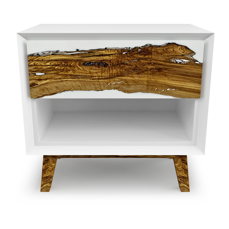 Table de chevet 1 tiroir en bois massif blanc / brun