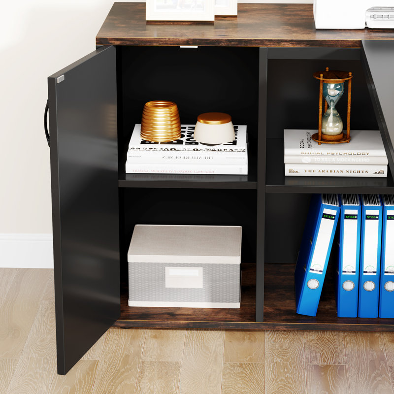 Bureau double caisson en L, Brun rustique / noir