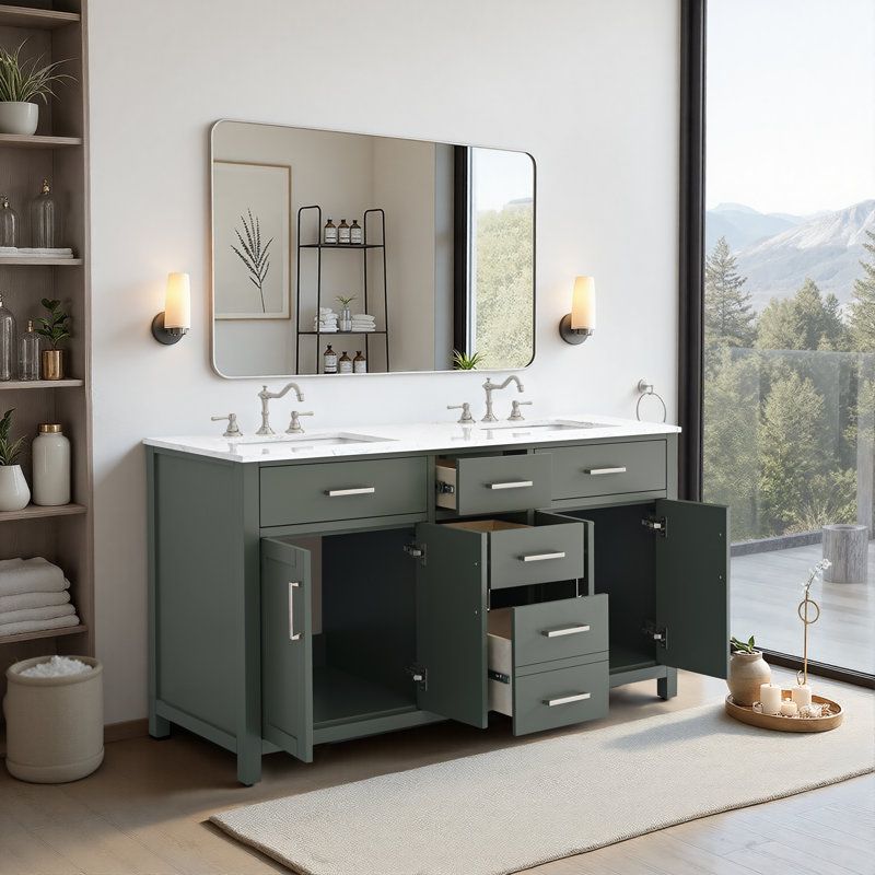 Ensemble de meuble-lavabo simple 48 po avec plateau en marbre d'ingénierie Shamar, Vert rétro