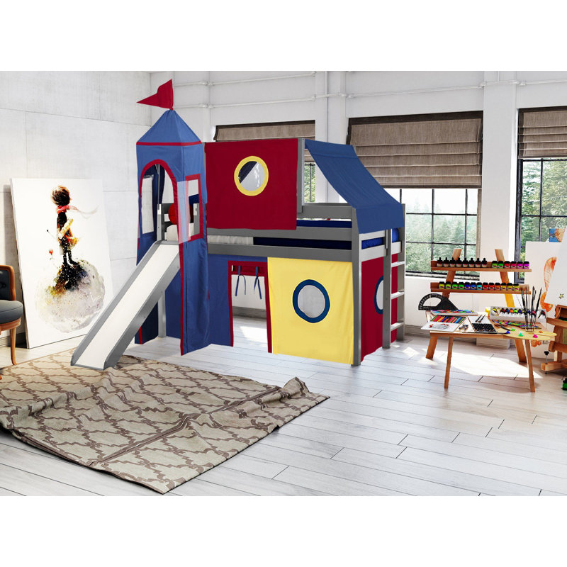 Johannes Solid Wood Twin Low Loft Bed with Ladder Slide Tent and Tower, Blue/White, Gray