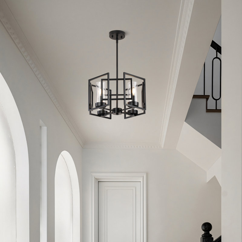 4-light Lantern Geometric Minimalist Marco Pendant Lamp or Semi Flush Mount, Matte Black