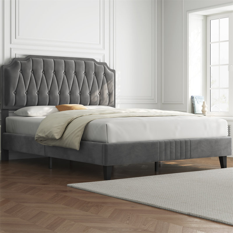 Upholstered Bed Frame with with Diamond Button-Tufted Headboard, Dark Grey, King