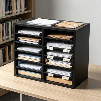 Wood Literature Organizer with Adjustable Shelves, Twelve Compartment Office Mailbox for Documents, Books, and Magazines, EPA Certified Chipboard, Home Classroom and Mailroom Organization