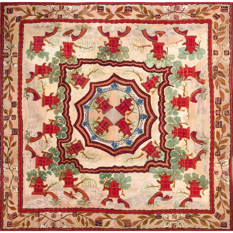 Square Shape Room Size Ivory Antique Chinese Rug Influenced Design Antique American Hooked Rug