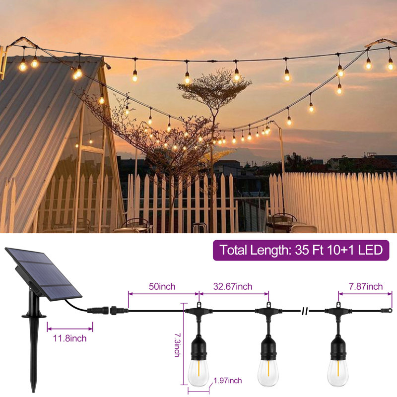 35FT Indoor/Outdoor Hanging Solar Powered & Plug-in String Lights with Remote Control Includes 11 LED Bulbs