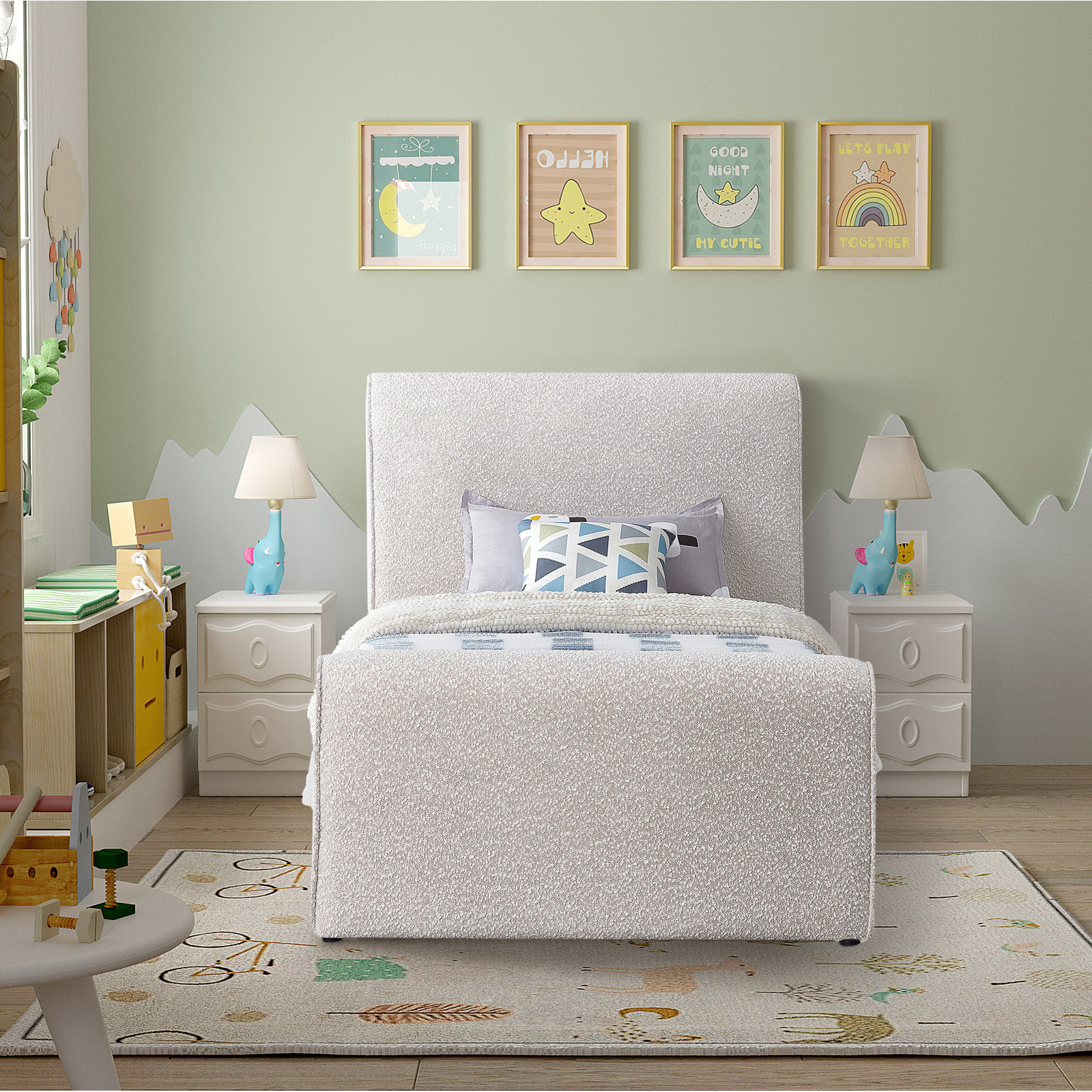Chaylin Platform Bed, Cream Boucle Fabric, Twin