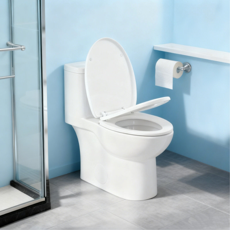 Toilette monobloc en céramique blanche, bol allongé avec siège à fermeture en douceur et conception à dégagement rapide
