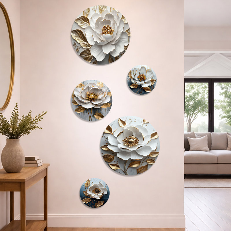Pivoine blanche et dorée Bloom III - ensemble d'art mural pivoines - ensemble de 5 décorations murales modernes en métal