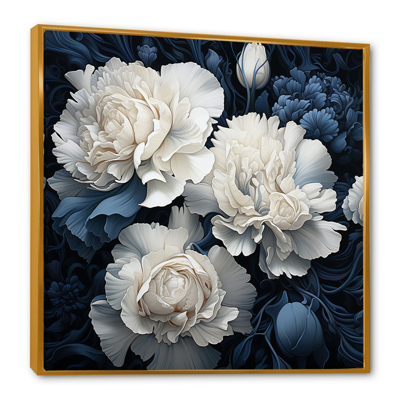 Oeillets blancs et bleus arrangement V - œillets, impressions sur toile, H 24 po x l 24 po x P 1 po, Cadre flottant doré