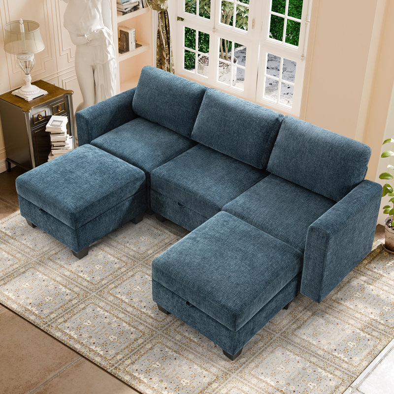 Canapé modulaire rembourré 5 pièces Ilyes, Chenille bleu