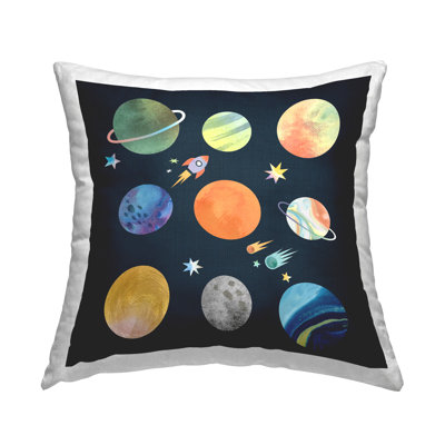 Conception de coussin décoratif de fusée, système solaire, planètes de l'espace par Daphne Polselli