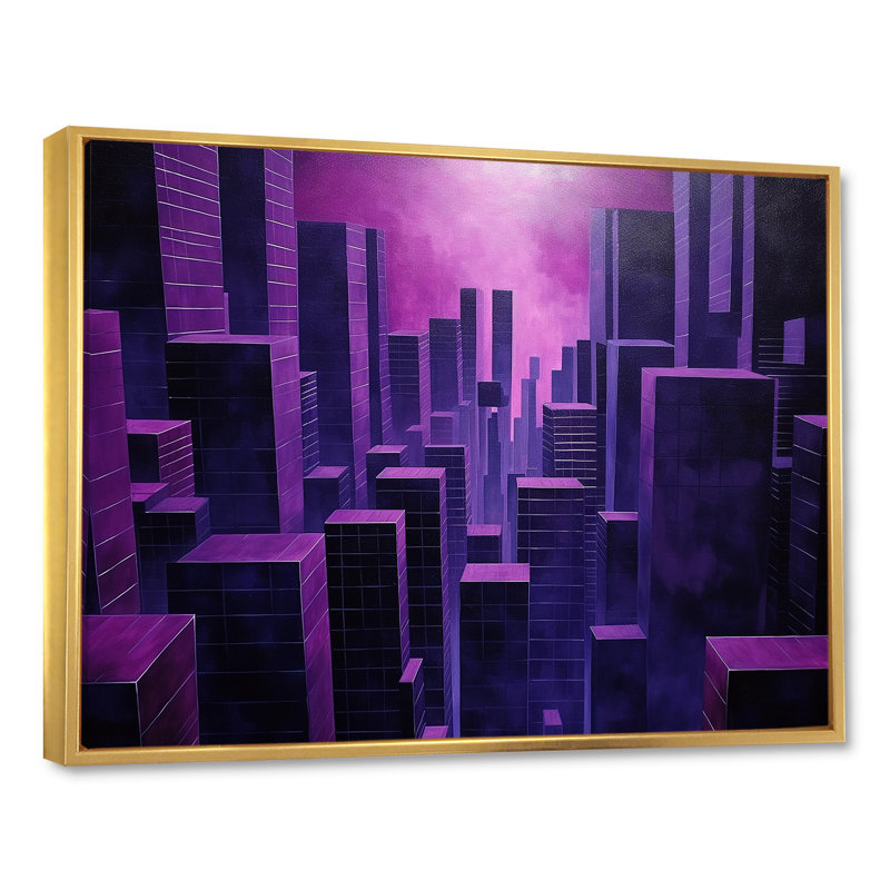 «Orchid Obsidian Sckycraper Horizon» sur toile, H 30 po x l 40 po x P 1,5 po, Cadre flottant doré