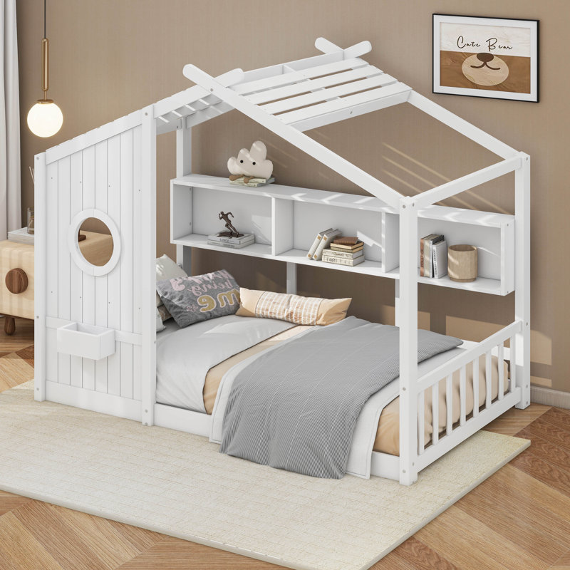 Structure de lit maison avec tablettes de rangement et toit, Lit simple, Blanc