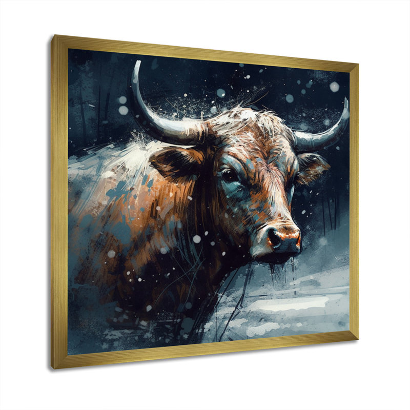Vache dans la neige II - impression, Encadrement doré, H 24 po x l 24 po x P 1 po