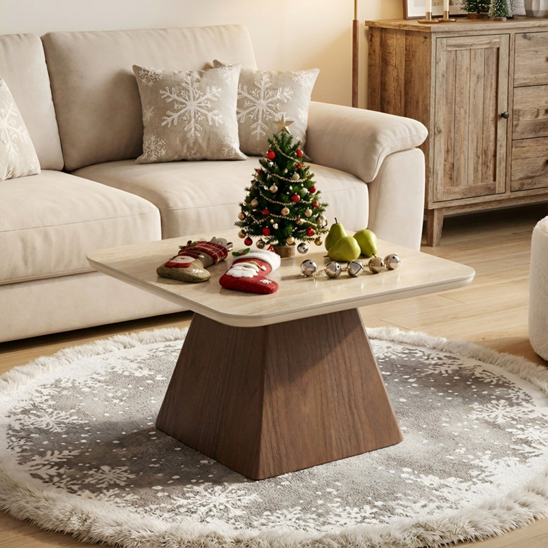 Modern Rectangular Travertine Textured Stone Coffee Table With Solid Wood Base For Living Room, Beige