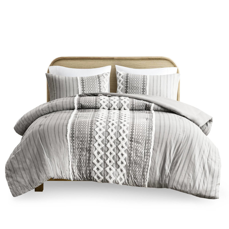 Édredon très grand / très grand, coton gris avec chenille, texture, rembourrage, 2 taies décoratives, instructions d'entretien, très grand imprimé, envers uni, lavage à la machine et séchage assortis,