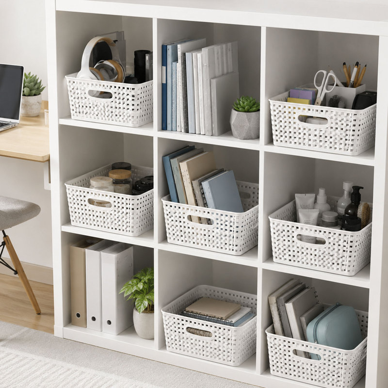 Ensemble de 6 paniers de rangement en plastique tissé blanc