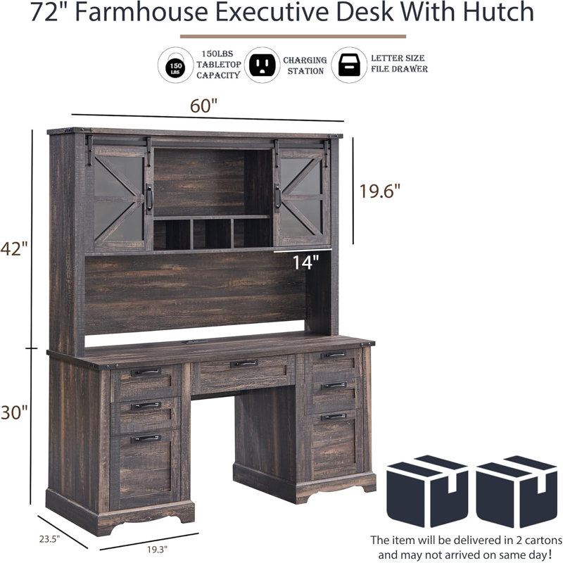 Hirth 60"W Farmhouse Desk With Hutch, Wood Executive Desk With Sliding Barn Doors, 2 Storage Cabinet, Dark Rustic Oak