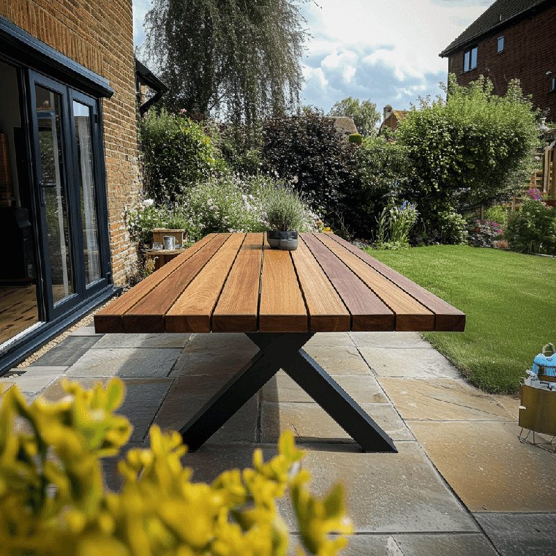 Rustic Iroko Outdoor Garden Table, 77cm H x 150cm W x 100cm D