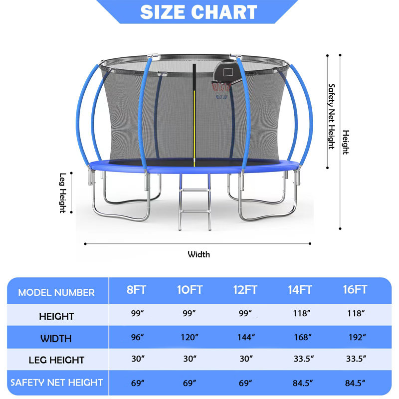 Trampoline d'extérieur rond 12 pi avec filet de sécurité SENCHO GINSYTALIOR 12 pi, capacité de 800 lb, panier de basketball et échelle, trampoline de jardin robuste pour enfants et adultes