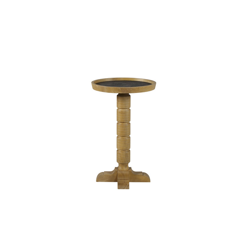 Table d'appoint compacte de couleur noix de cajou, plateau rond pour un encombrement minimal, pied central tourné, bois massif beige, profondeur 35,5 cm, largeur 56 cm, hauteur 56 cm, poids 5,5 kg, couleur, surface