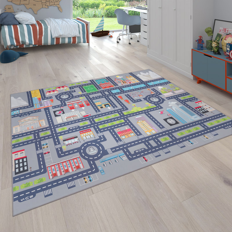 Orla Kids Nursery Street Car Motif Power Loom Grey/Green/Yellow Rug, Rectangle 200 x 290cm
