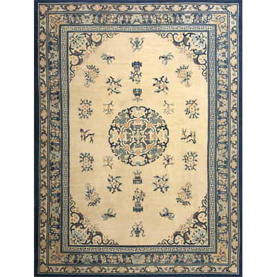 Antique Peking Chinese Floral, Medallion Ivory 1920s Rug