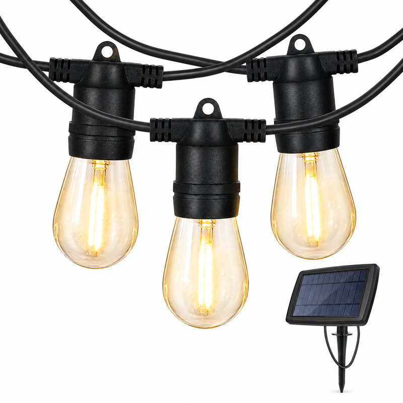 48FT 15-Bulb Solar-Powered Outdoor Standard String Lights, Shatterproof, Weatherproof, Dusk to Dawn On/Off