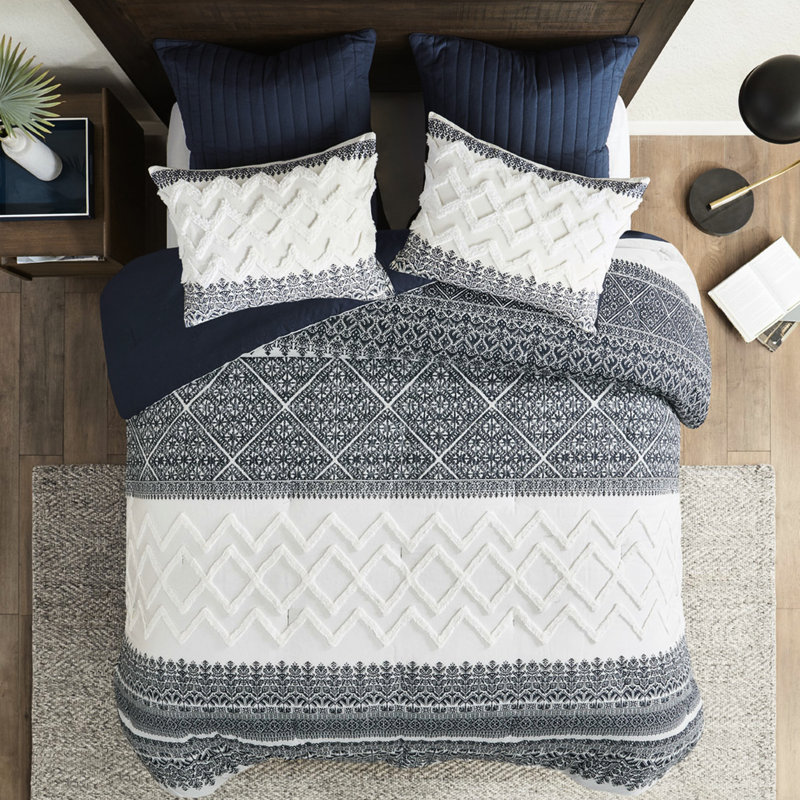 Cotton Comforter For King/ King. Navy Decoration Chenille Tufting. . 2 Shams. Solid Reverse. Machine Washable. Beautiful Bedding 3 Piece King . With Print And Fill. Matching Collection
