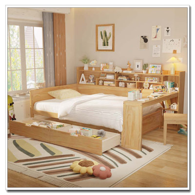 Lit de jour en bois avec tablettes de rangement et tiroirs