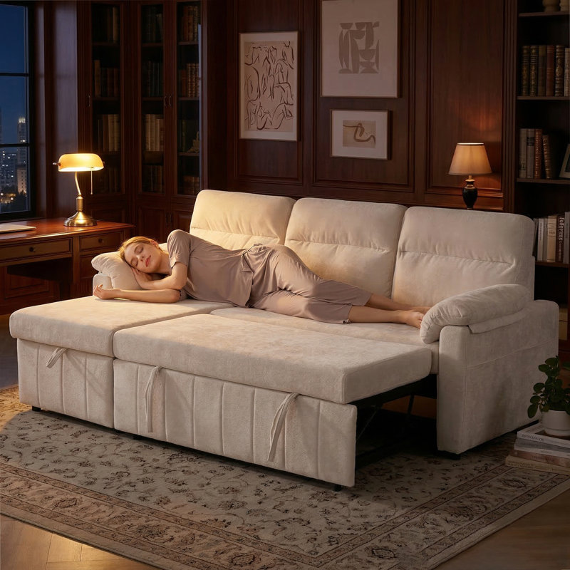 84'' Upholstered Sleeper Sofa L Shape Sofa Bed With Storage and USB, White