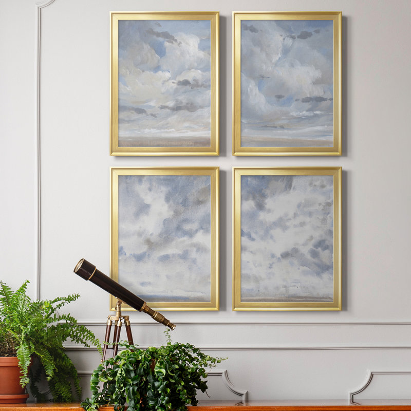 Ciel bleu I - ensemble de 4 peintures sur toile encadrées, Cadre doré, H 36,5 po x l 106 po x P 1 po