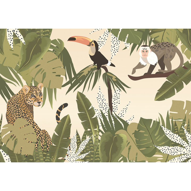 Adhésif mural pelez et collez - Jungle abstraite avec des animaux, L 82 po x l 115 po