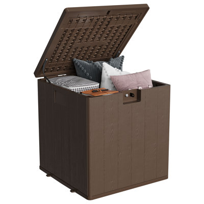 Qeetex 28 Gallon Weatherproof Resin Outdoor Storage Deck Box with Lockable Lid & Handles - Waterproof Patio Storage Bin for Cushions, Garden Tools, Pool Accessories - Brown, Imitation Rattan Design