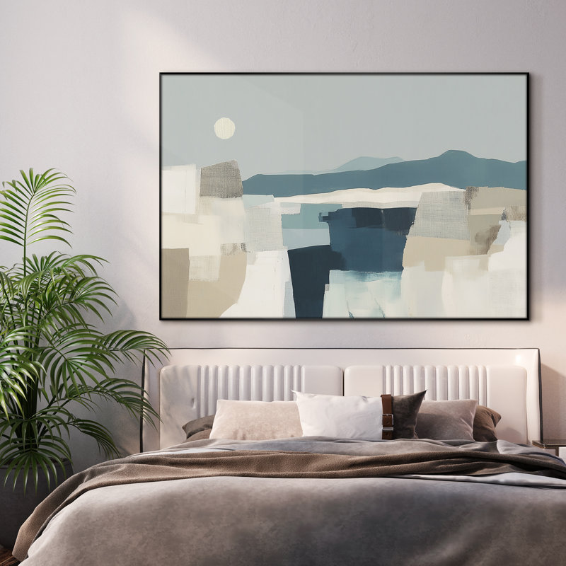 Très grande reproduction d'art sur toile - Paysage abstrait géométrique en bleu pâle et beige, décoration pour le salon ou la chambre à coucher - «Assemblage requis du cadre (cadre non fini)»