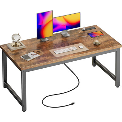 55 x 24 inch Desk with Power Outlets USB-C Deeper Thicker Desktop Robust Metal Tubes Computer Desk Heavy Duty Rustic Brown