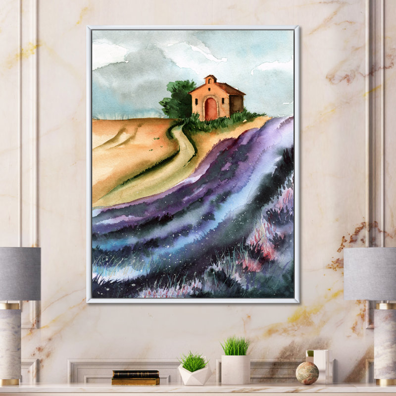 Champ de lavande avec une petite maison - peinture sur toile, H 40 po x l 30 po x P 1,5 po, Cadre flottant blanc