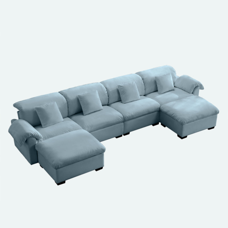 Canapé trois places en velours doux en forme de U, H 33,9 po x l 154,7 po x P 67,9 po, Bleu