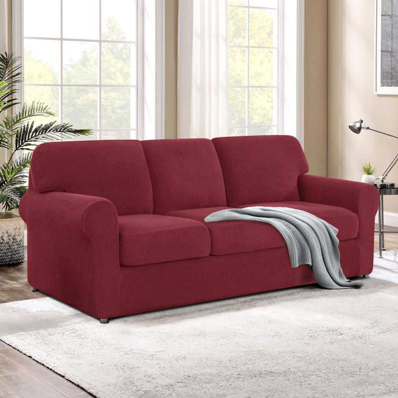 3 Seater Stretch Separate Box Cushion Sofa Slipcover, Wine Red