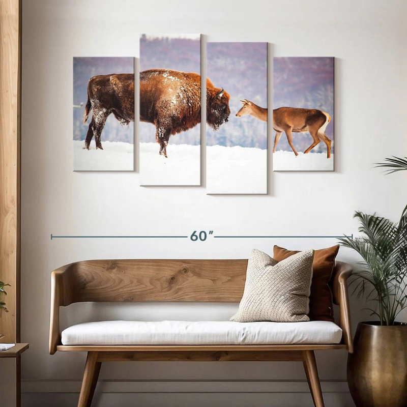 Bison et cerf en hiver, H 32 po x l 52 po