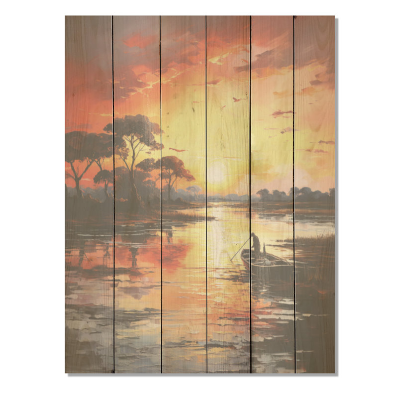 «Lakeside Sunrise Tranquility - Lake River», art mural sur bois de pin naturel, H 40 po x l 30 po