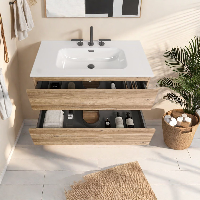 Meuble-lavabo moderne en chêne avec lavabo en céramique, grand espace de rangement