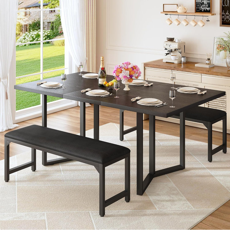 Ensemble de table de salle à manger 63 "pour 4-6, table de cuisine extensible 3 pièces avec 2 bancs rembourrés, ensemble de table de salle à manger extensible avec cadre en métal et panneau de fibres à densité moyenne, noir