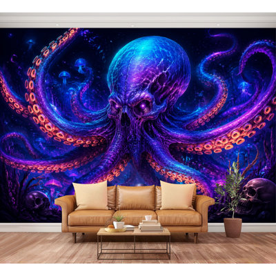 Wall Mural Peel and Stick Wallpaper Mystical Bioluminescent Octopus Underwater Fantasy Scene Self-Adhesive Removable Contact Paper Wall Decor for Living Room Bedroom 100"H x 144"W