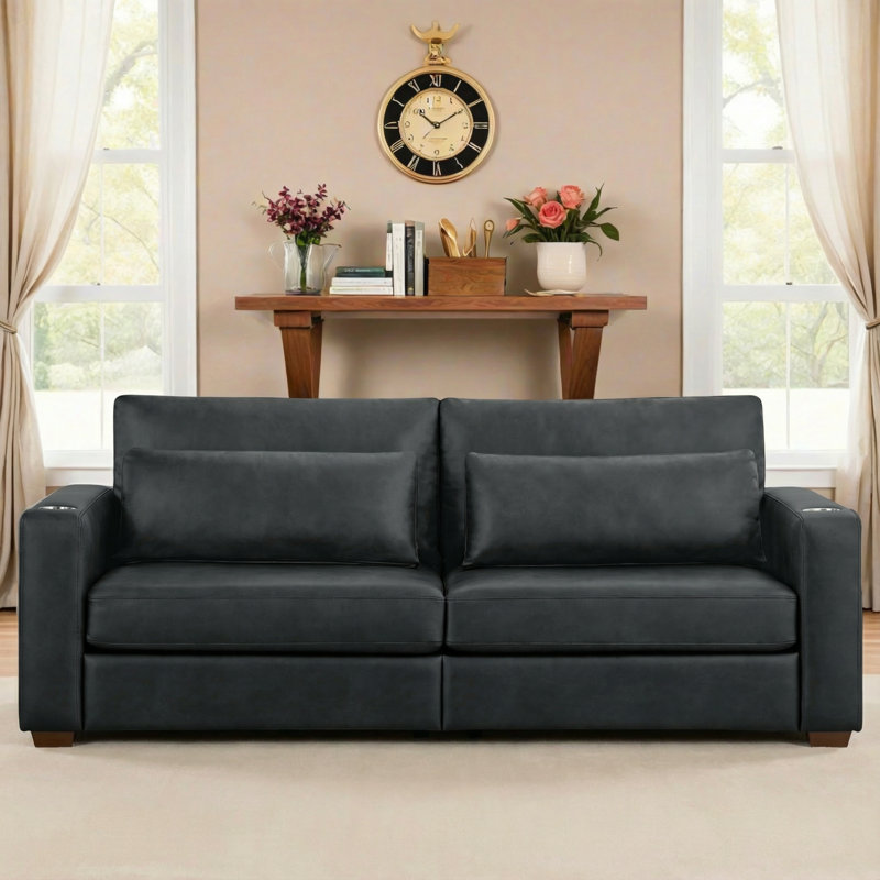  Canapé en similicuir de 89 po avec coussin lombaire amovible, porte-gobelets et pieds en bois massif, Noir