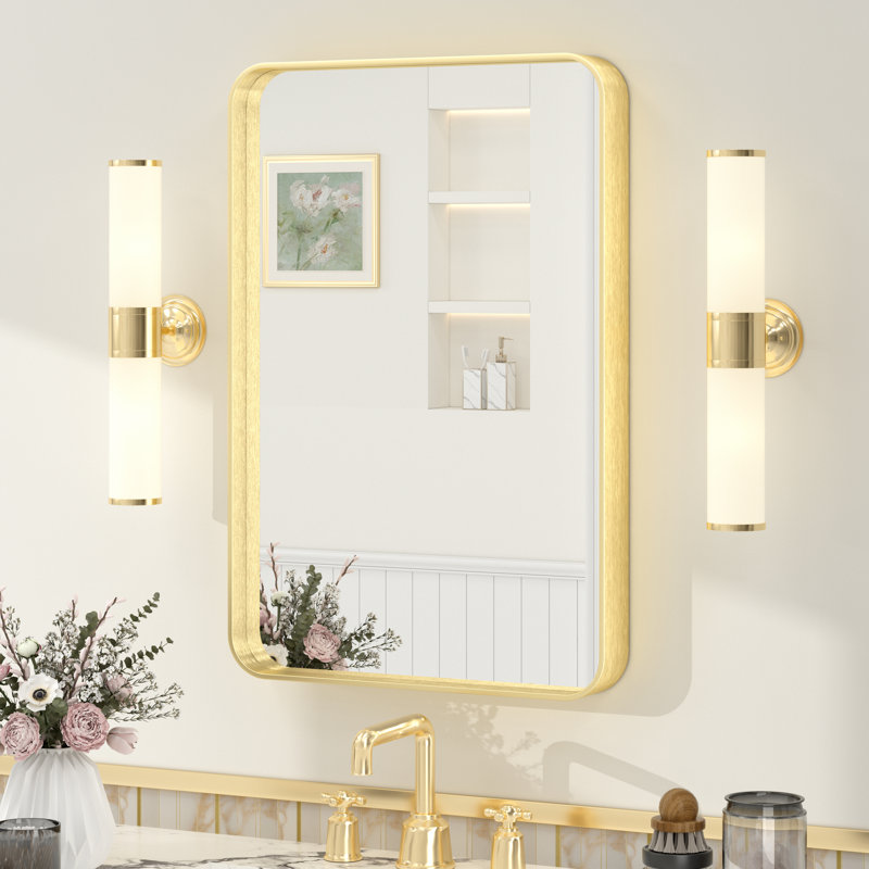 Miroir de salle de bain mural en verre trempé et métal Molly, 24 po x 16 po, Doré, Rectangle(Rounded Corner)