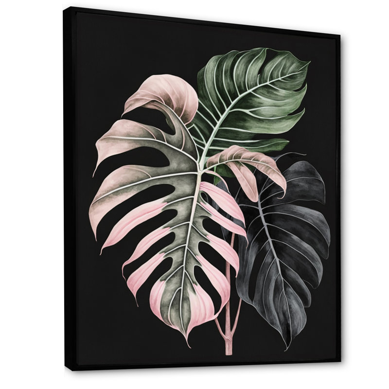 «Rose and White Philodendron Leaf II», reproduction sur toile, L 24 po x H 32 po, Toile avec cadre flottant noir