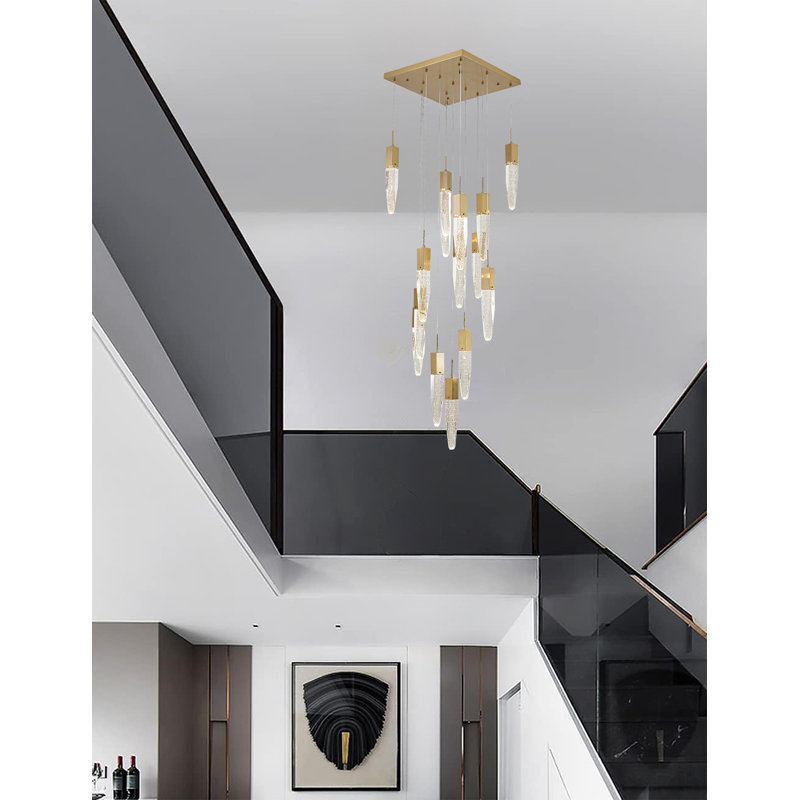 Lustre 15 lumières avec pendentifs suspendus en cristal, Doré
