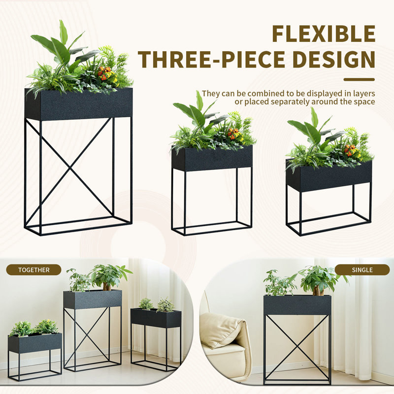 Ensemble de 3 supports à fleurs surélevés en fer beige préassemblés avec doublure non tissée, boîte à fleurs rectangulaire surélevée résistante aux rayons UV pour terrasse intérieure